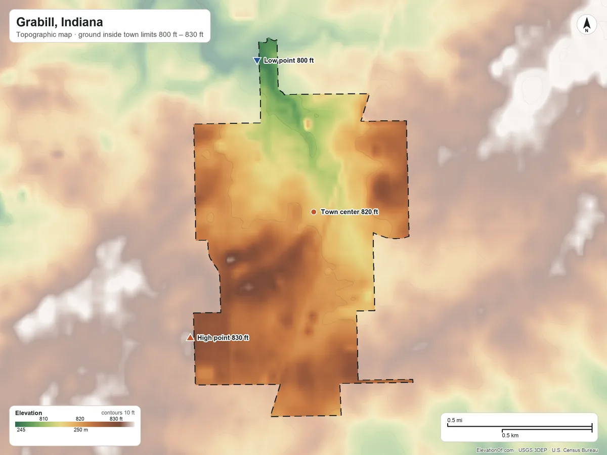Topographic elevation map of Grabill, Indiana, shaded from 800 ft on the north side to 830 ft on the southwest side