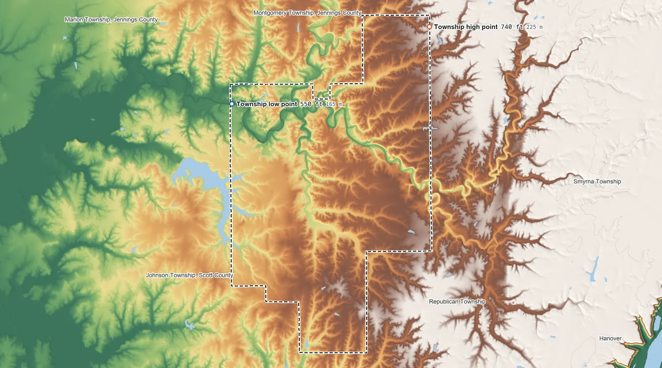 Topographic elevation map of Graham Township, Indiana, shaded from 550 ft on the northwest side to 740 ft on the northeast side