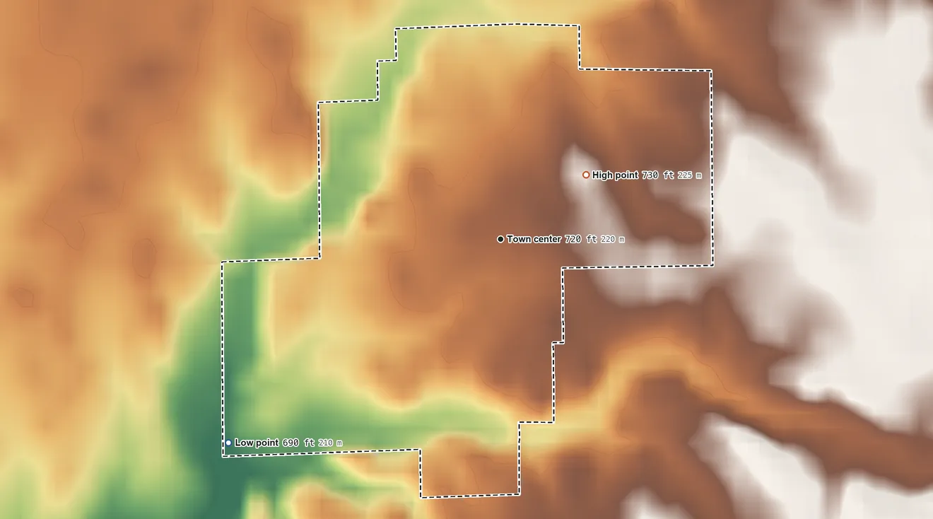 Topographic elevation map of Grammer, Indiana, shaded from 690 ft on the southwest side to 730 ft on the northeast side