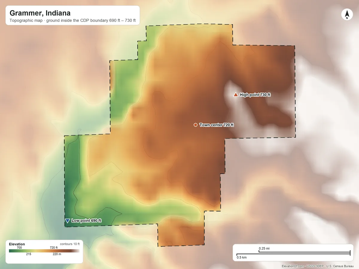 Topographic elevation map of Grammer, Indiana, shaded from 690 ft on the southwest side to 730 ft on the northeast side
