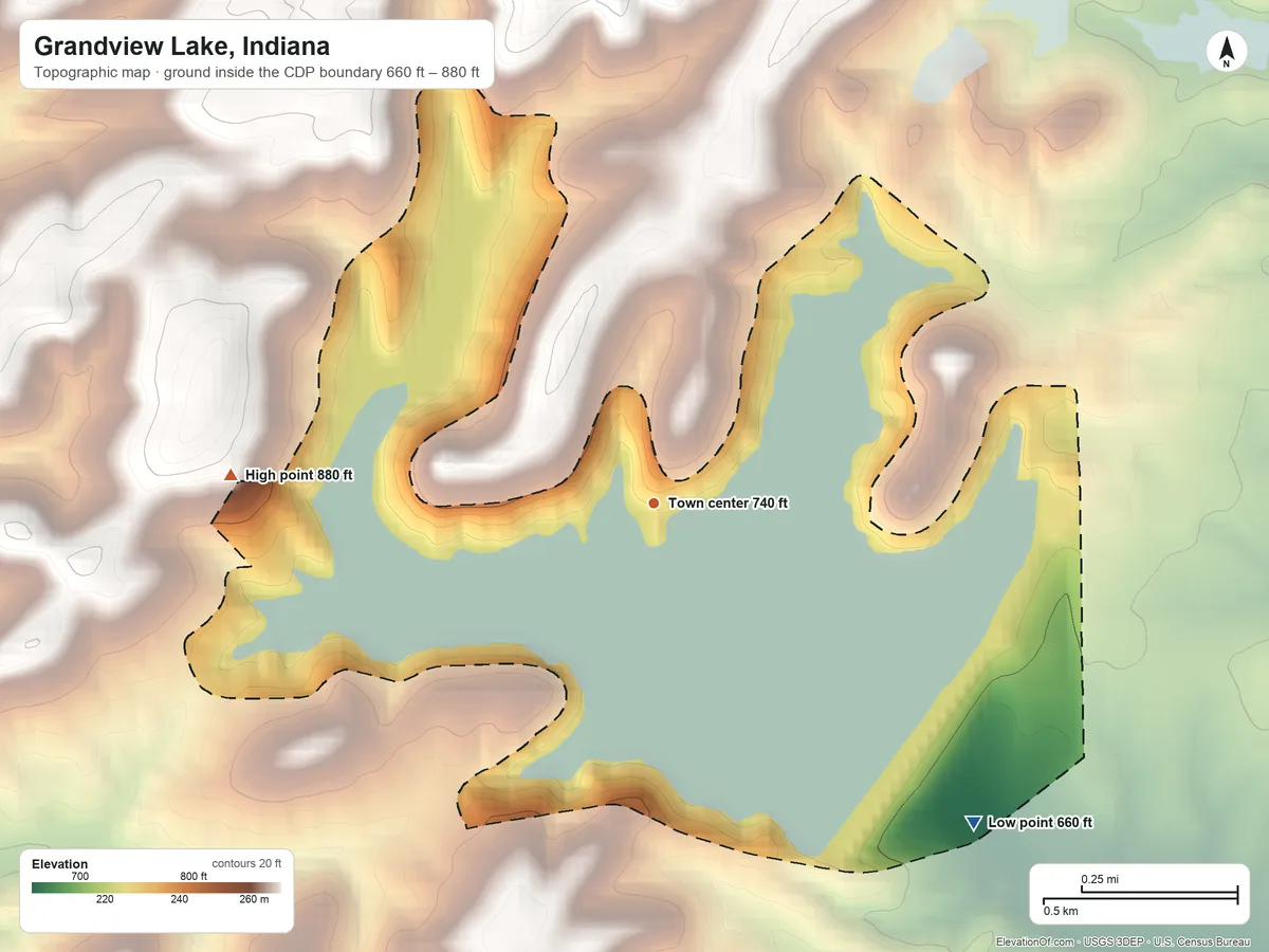 Topographic elevation map of Grandview Lake, Indiana, shaded from 660 ft on the southeast side to 880 ft on the west side