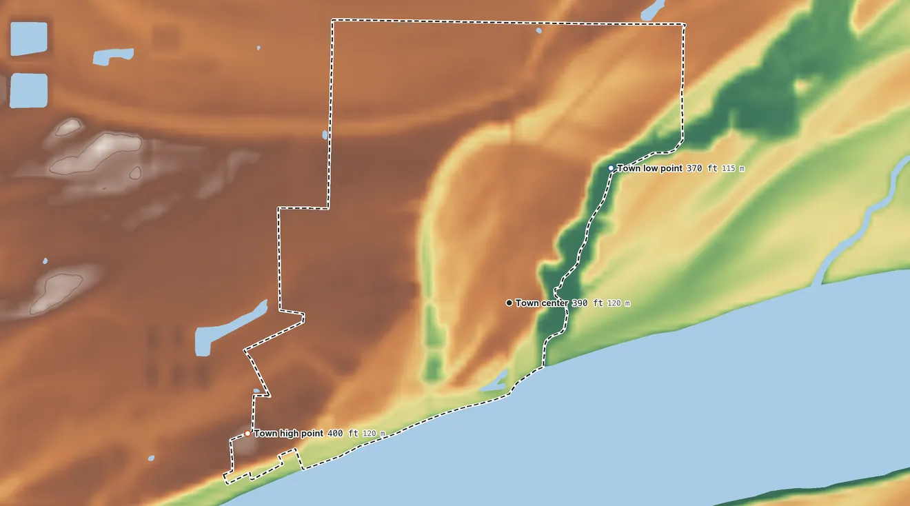 Topographic elevation map of Grandview, Indiana, shaded from 370 ft on the northeast side to 400 ft on the southwest side