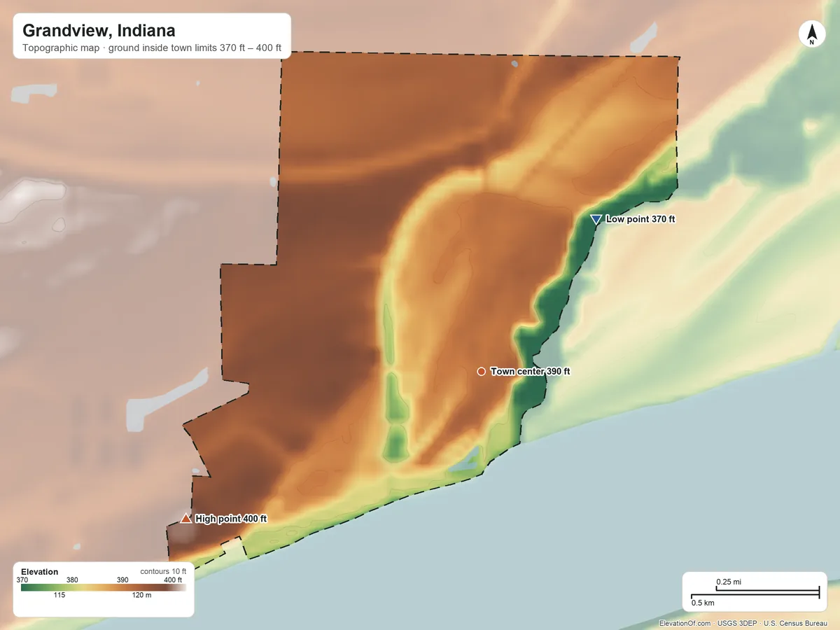 Topographic elevation map of Grandview, Indiana, shaded from 370 ft on the northeast side to 400 ft on the southwest side