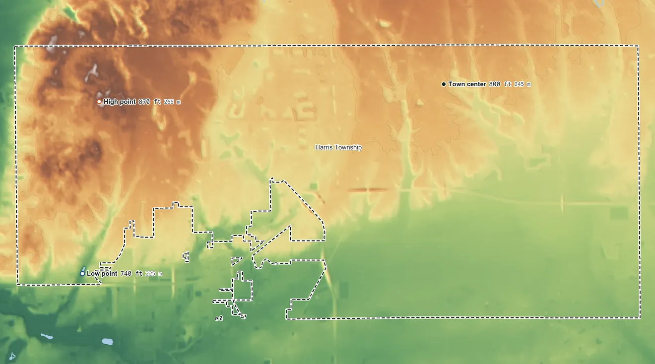 Topographic elevation map of Granger, Indiana, shaded from 740 ft on the southwest side to 870 ft on the west side