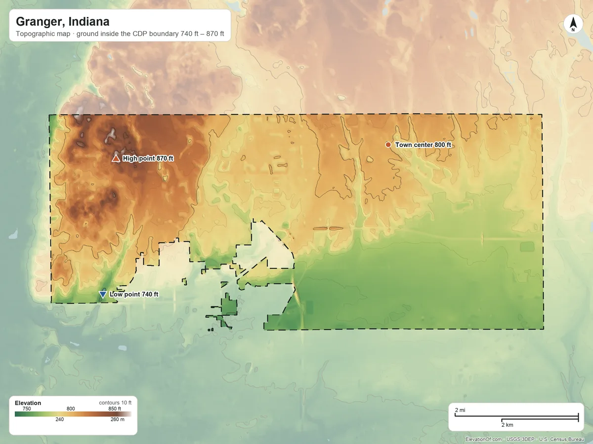 Topographic elevation map of Granger, Indiana, shaded from 740 ft on the southwest side to 870 ft on the west side