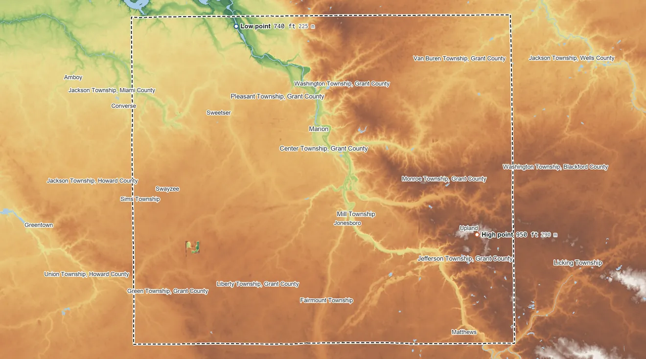 Topographic elevation map of Grant County, Indiana, shaded from 740 ft on the northwest side to 950 ft on the east side