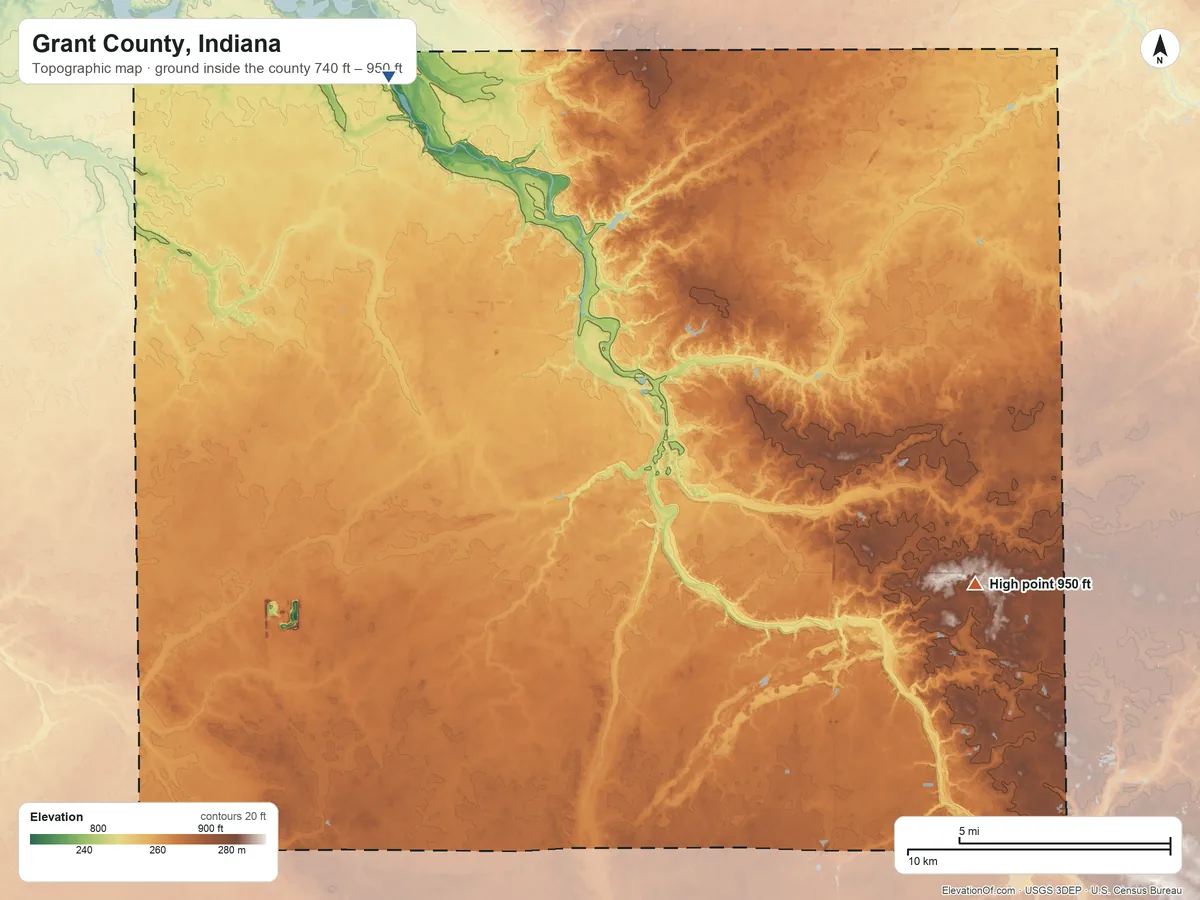 Topographic elevation map of Grant County, Indiana, shaded from 740 ft on the northwest side to 950 ft on the east side