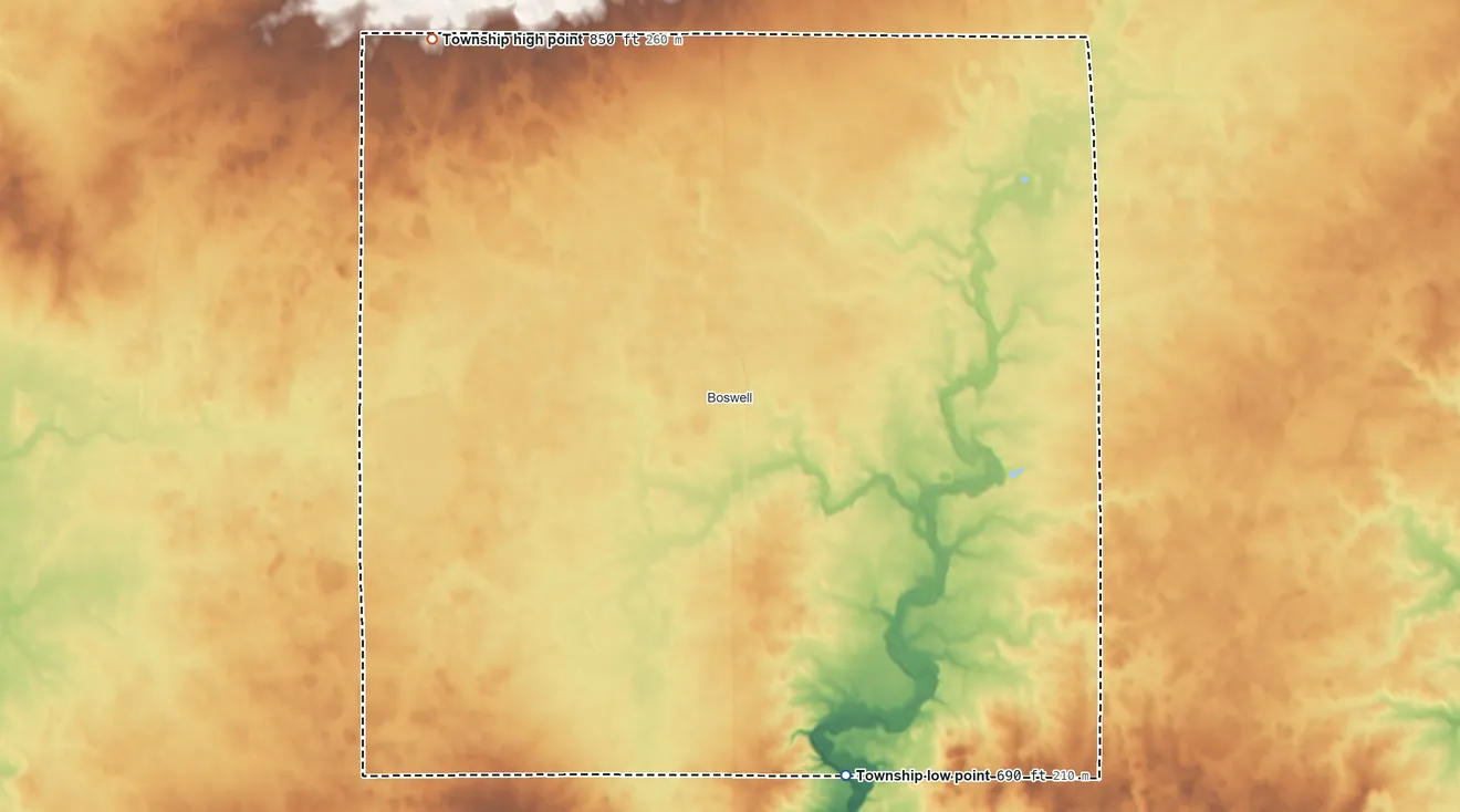 Topographic elevation map of Grant Township, Benton County, Indiana, shaded from 690 ft on the south side to 850 ft on the northwest side