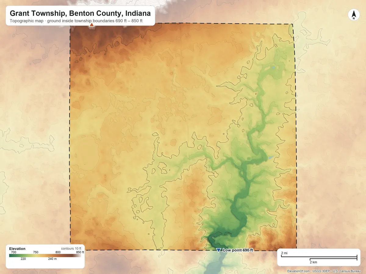 Topographic elevation map of Grant Township, Benton County, Indiana, shaded from 690 ft on the south side to 850 ft on the northwest side