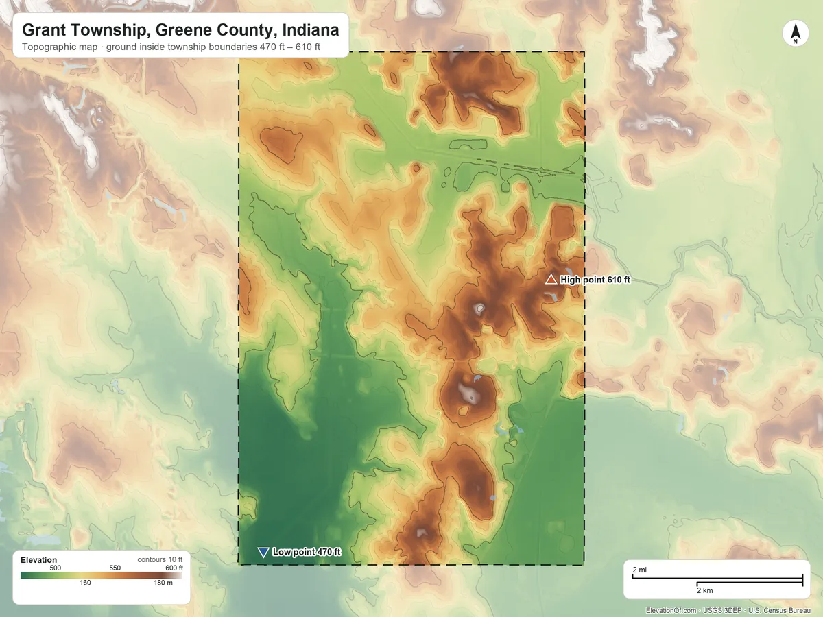 Topographic elevation map of Grant Township, Greene County, Indiana, shaded from 470 ft on the southwest side to 610 ft on the east side