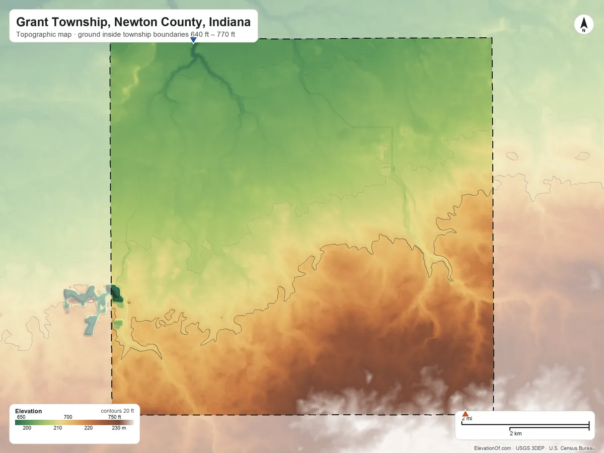 Topographic elevation map of Grant Township, Newton County, Indiana, shaded from 640 ft on the northwest side to 770 ft on the southeast side