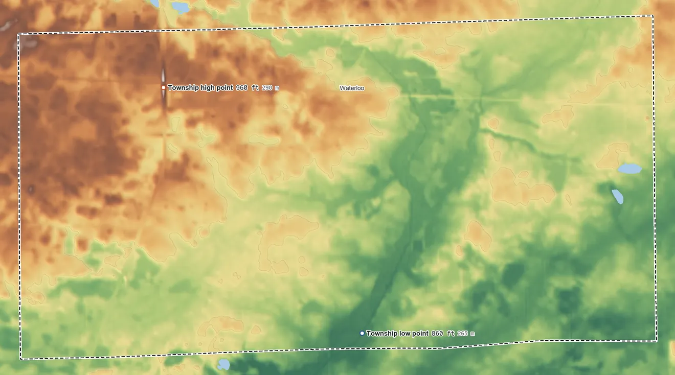 Topographic elevation map of Grant Township, Indiana, shaded from 860 ft on the south side to 960 ft on the west side