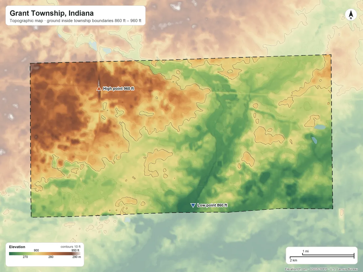 Topographic elevation map of Grant Township, Indiana, shaded from 860 ft on the south side to 960 ft on the west side