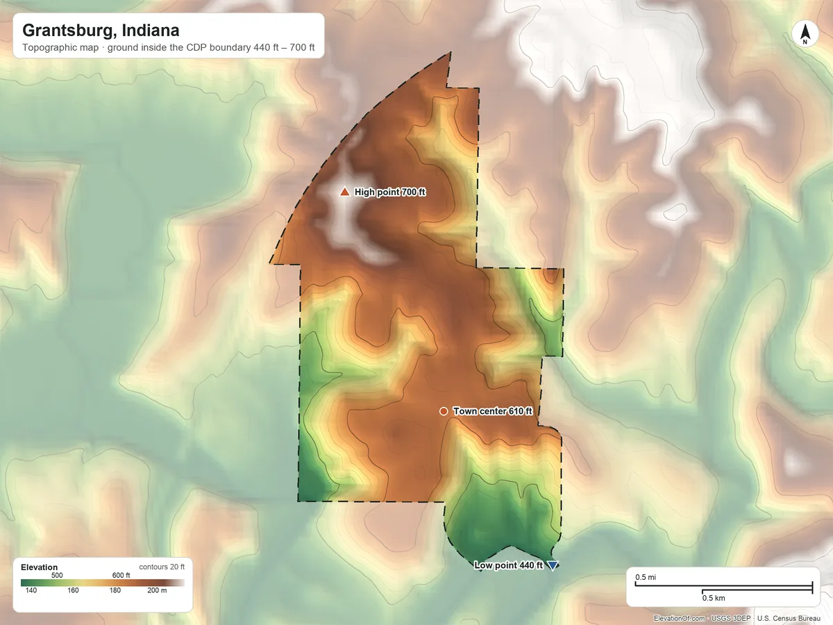 Topographic elevation map of Grantsburg, Indiana, shaded from 440 ft on the southeast side to 700 ft on the northwest side