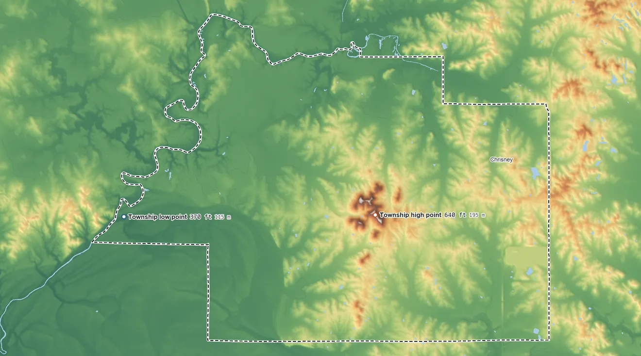 Topographic elevation map of Grass Township, Indiana, shaded from 370 ft on the west side to 640 ft on Fisher Knobs