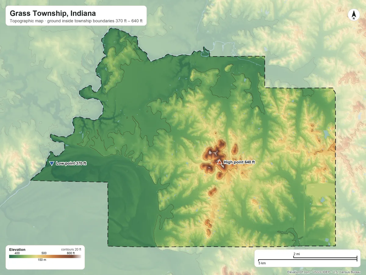 Topographic elevation map of Grass Township, Indiana, shaded from 370 ft on the west side to 640 ft on Fisher Knobs