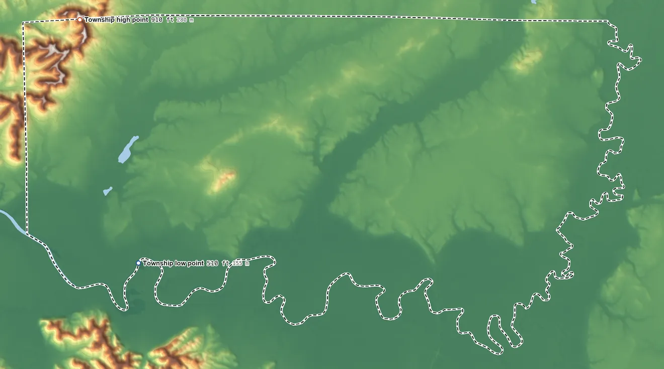Topographic elevation map of Grassy Fork Township, Indiana, shaded from 510 ft on the southwest side to 910 ft on the northwest side