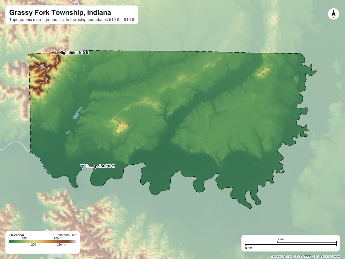 Topographic elevation map of Grassy Fork Township, Indiana, shaded from 510 ft on the southwest side to 910 ft on the northwest side
