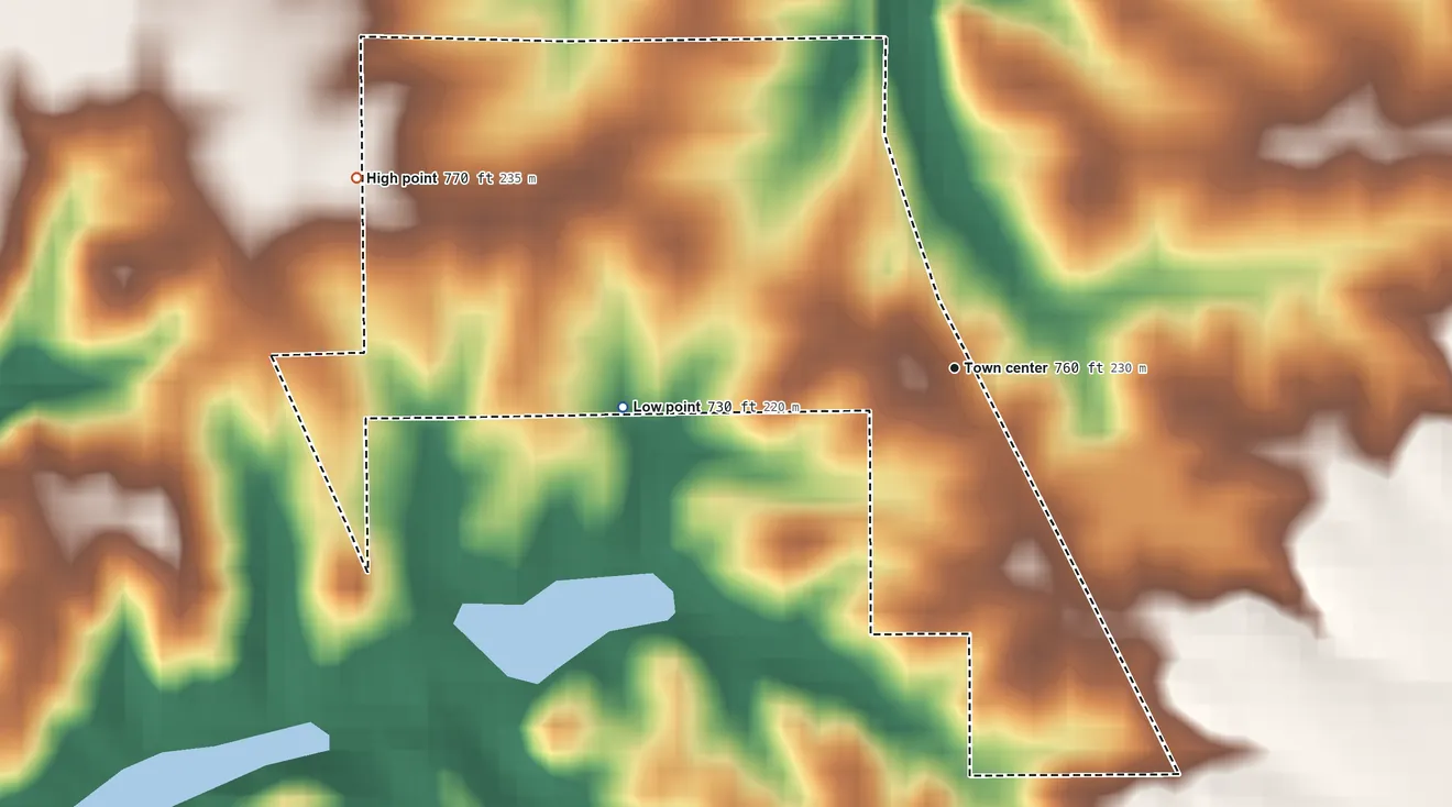 Topographic elevation map of Grayford, Indiana, shaded from 730 ft on the west side to 770 ft on the west side