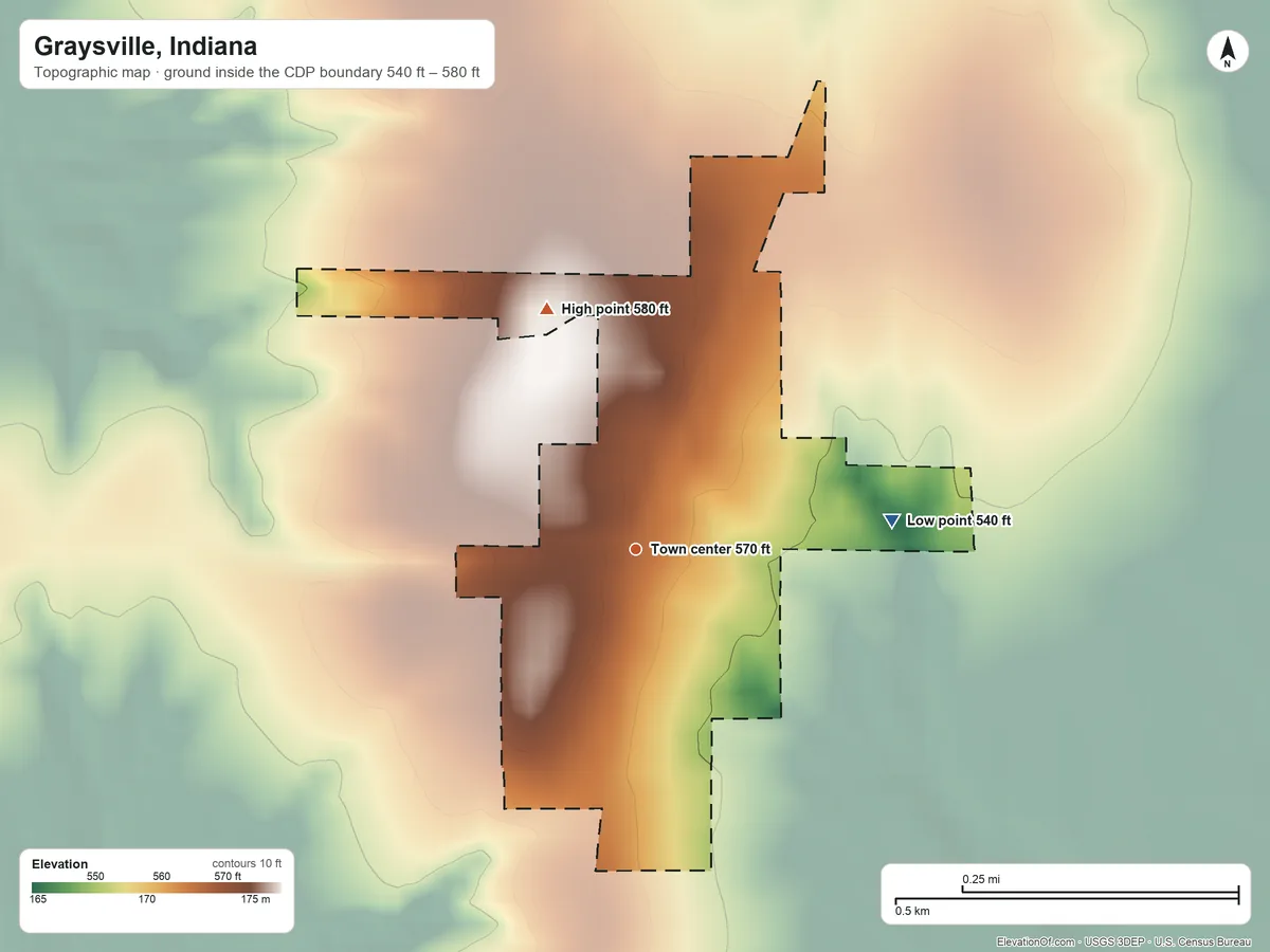 Topographic elevation map of Graysville, Indiana, shaded from 540 ft on the east side to 580 ft on the north side