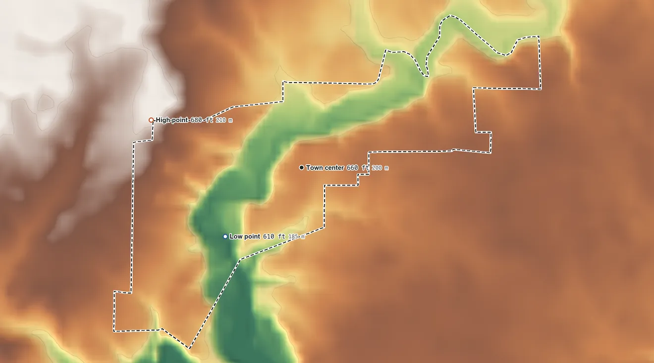 Topographic elevation map of Green Hill, Indiana, shaded from 610 ft on the southwest side to 680 ft on the west side