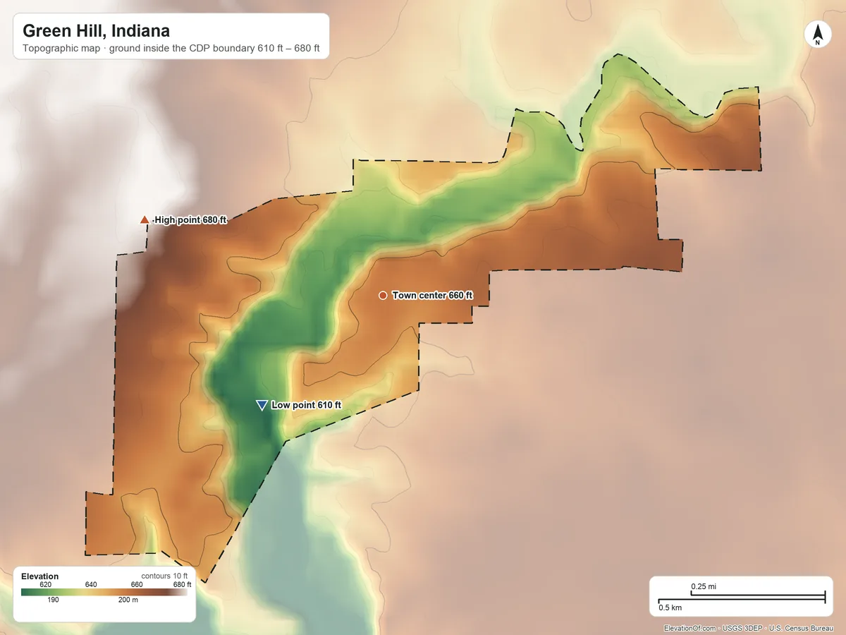 Topographic elevation map of Green Hill, Indiana, shaded from 610 ft on the southwest side to 680 ft on the west side