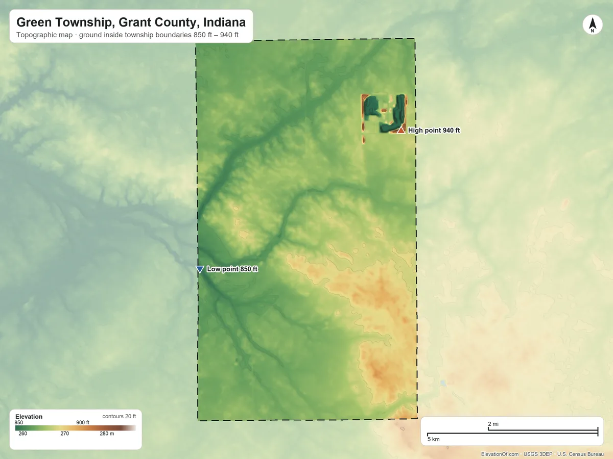 Topographic elevation map of Green Township, Grant County, Indiana, shaded from 850 ft on the west side to 940 ft on the northeast side