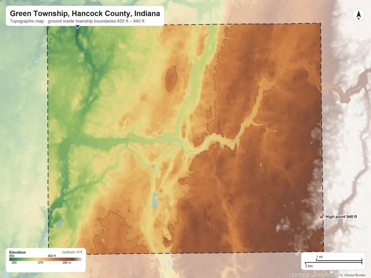 Topographic elevation map of Green Township, Hancock County, Indiana, shaded from 850 ft on the northwest side to 940 ft on the southeast side