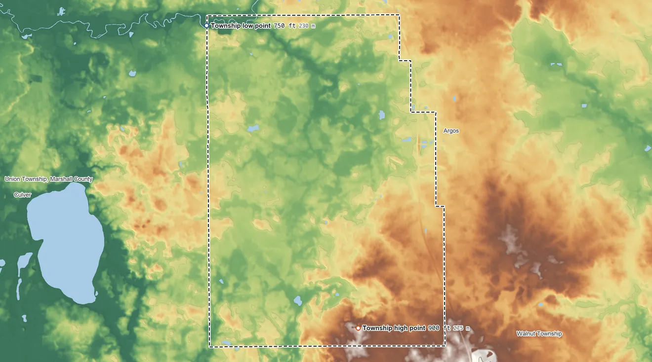 Topographic elevation map of Green Township, Marshall County, Indiana, shaded from 750 ft on the northwest side to 900 ft on the south side