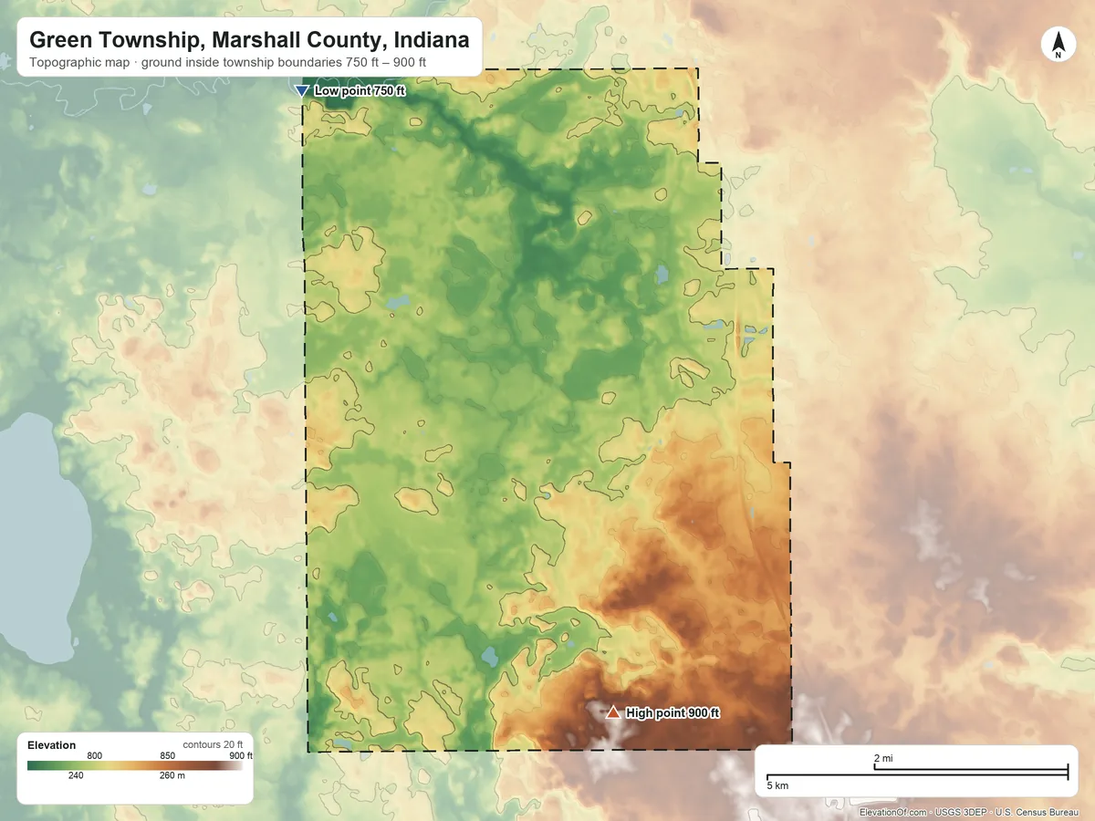 Topographic elevation map of Green Township, Marshall County, Indiana, shaded from 750 ft on the northwest side to 900 ft on the south side