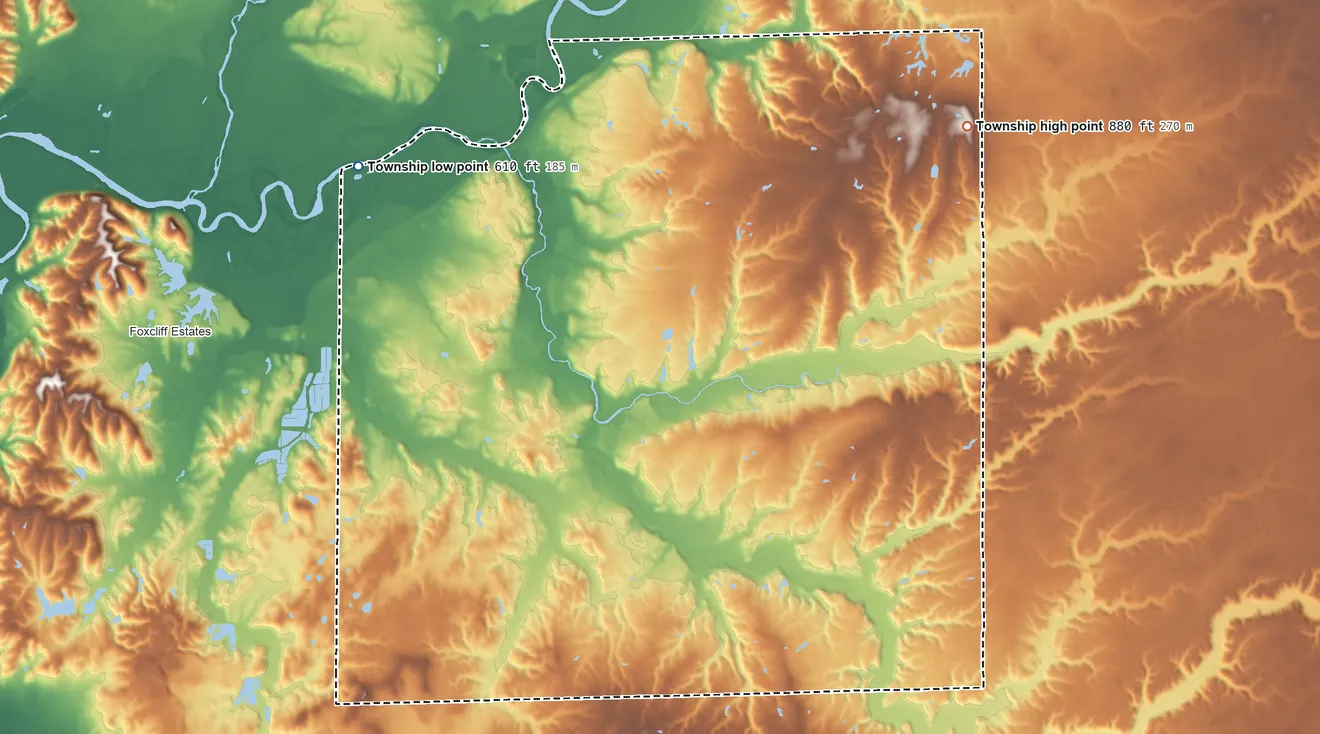 Topographic elevation map of Green Township, Morgan County, Indiana, shaded from 610 ft on the northwest side to 880 ft on the northeast side