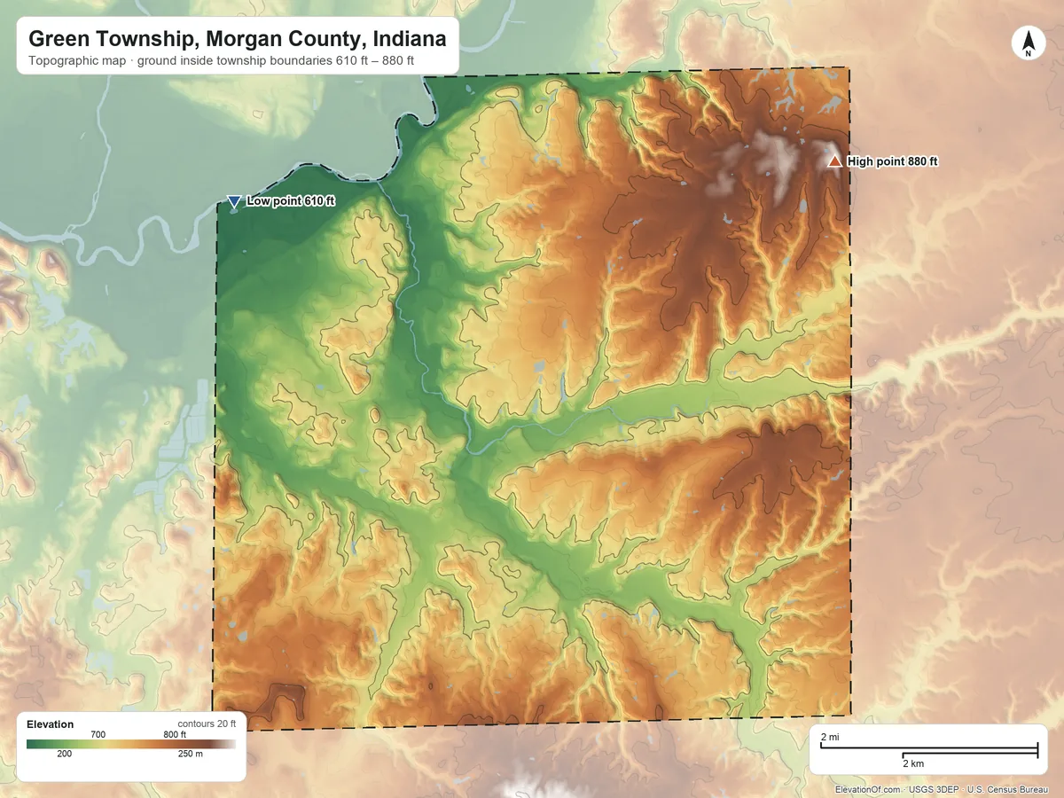 Topographic elevation map of Green Township, Morgan County, Indiana, shaded from 610 ft on the northwest side to 880 ft on the northeast side