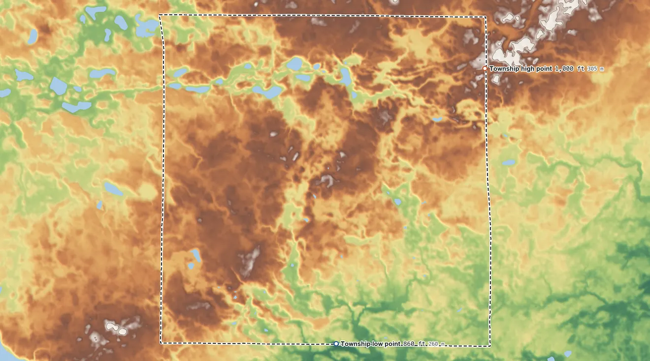 Topographic elevation map of Green Township, Noble County, Indiana, shaded from 860 ft on the south side to 1,000 ft on the northeast side