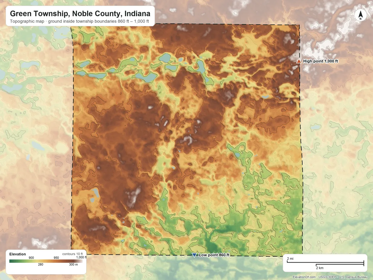 Topographic elevation map of Green Township, Noble County, Indiana, shaded from 860 ft on the south side to 1,000 ft on the northeast side