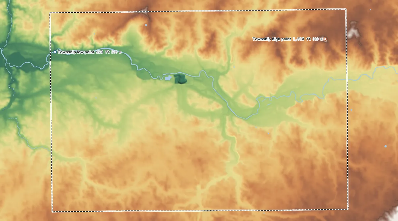 Topographic elevation map of Green Township, Randolph County, Indiana, shaded from 920 ft on the west side to 1,010 ft on the east side