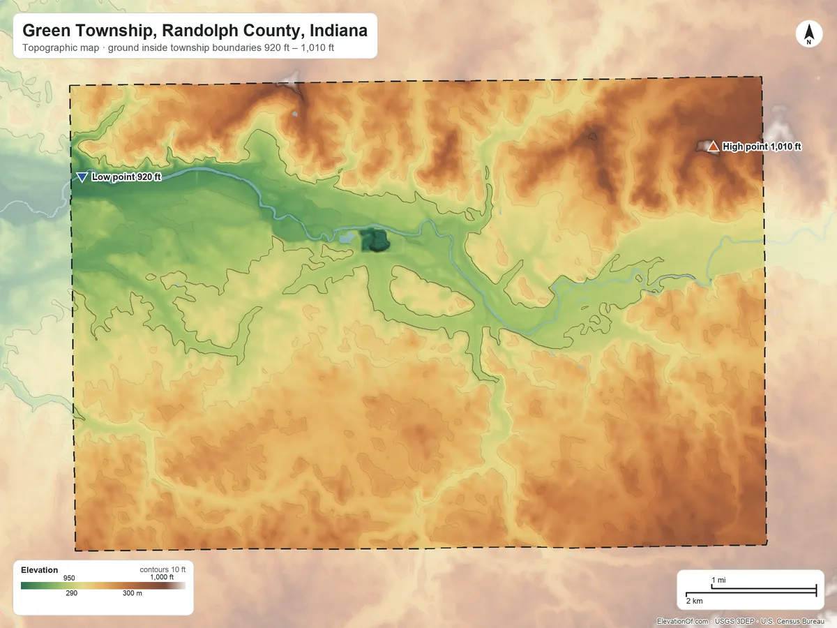 Topographic elevation map of Green Township, Randolph County, Indiana, shaded from 920 ft on the west side to 1,010 ft on the east side