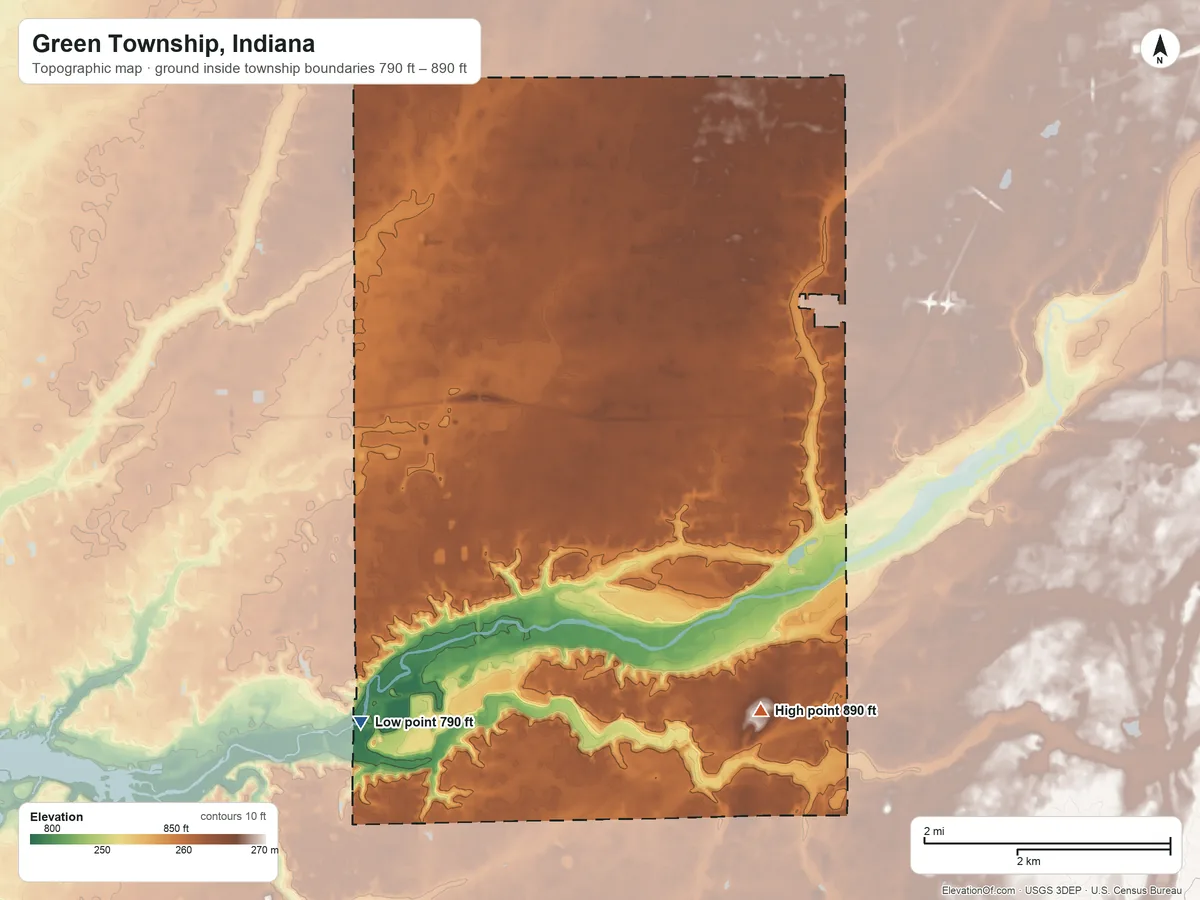 Topographic elevation map of Green Township, Indiana, shaded from 790 ft on the southwest side to 890 ft on the southeast side