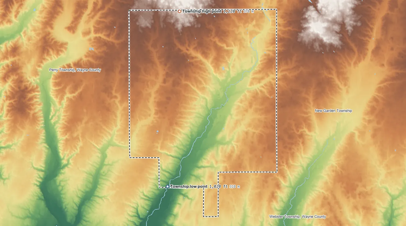 Topographic elevation map of Green Township, Wayne County, Indiana, shaded from 1,020 ft on the southwest side to 1,220 ft on the north side