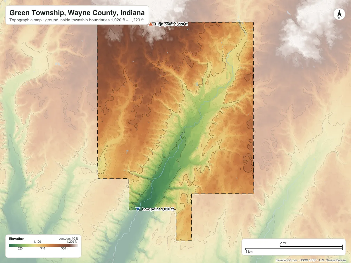 Topographic elevation map of Green Township, Wayne County, Indiana, shaded from 1,020 ft on the southwest side to 1,220 ft on the north side