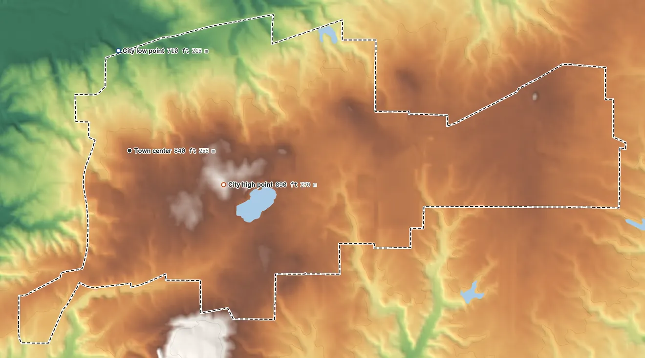 Topographic elevation map of Greencastle, Indiana, shaded from 710 ft on the north side to 890 ft on the east side