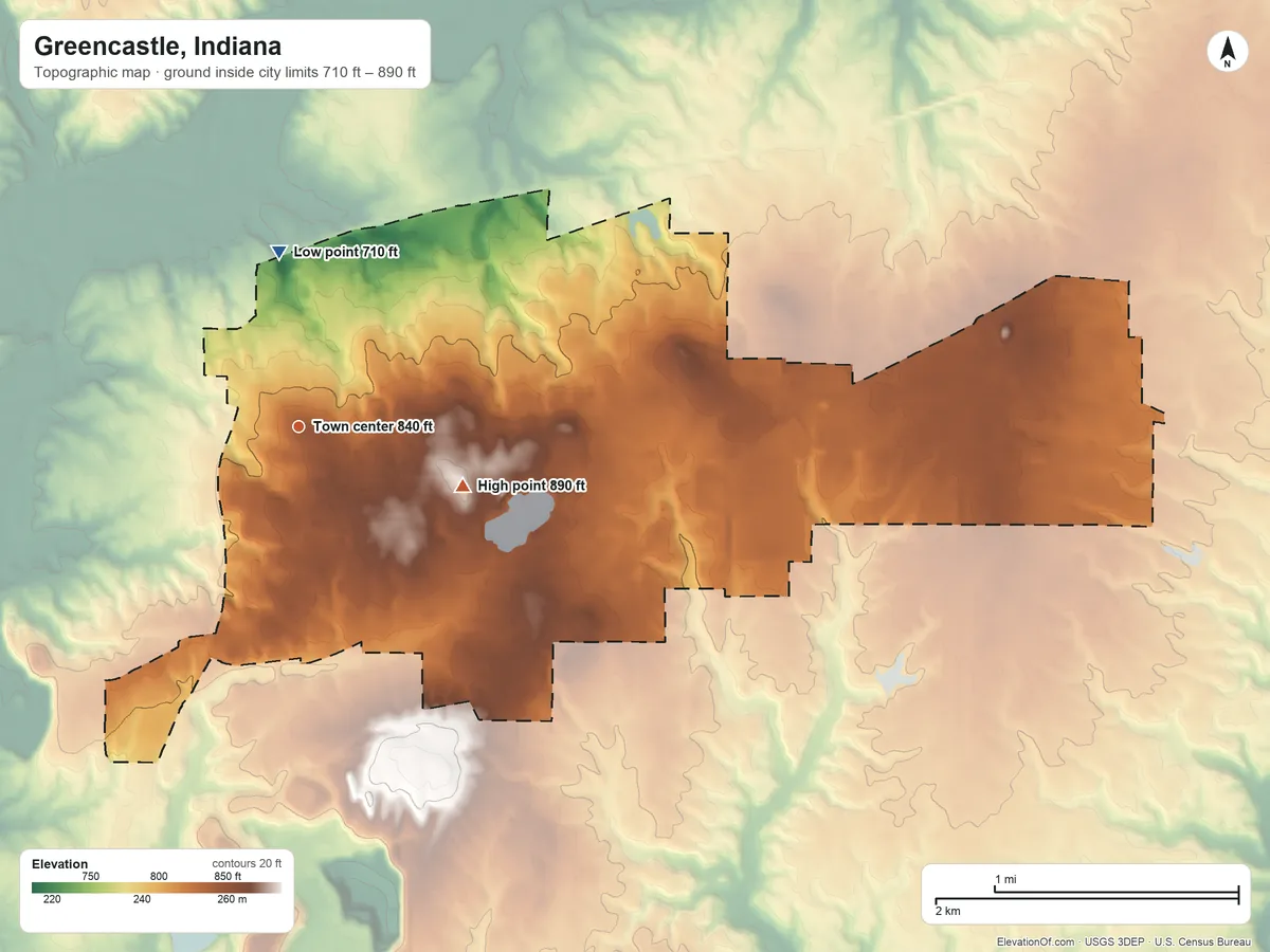 Topographic elevation map of Greencastle, Indiana, shaded from 710 ft on the north side to 890 ft on the east side