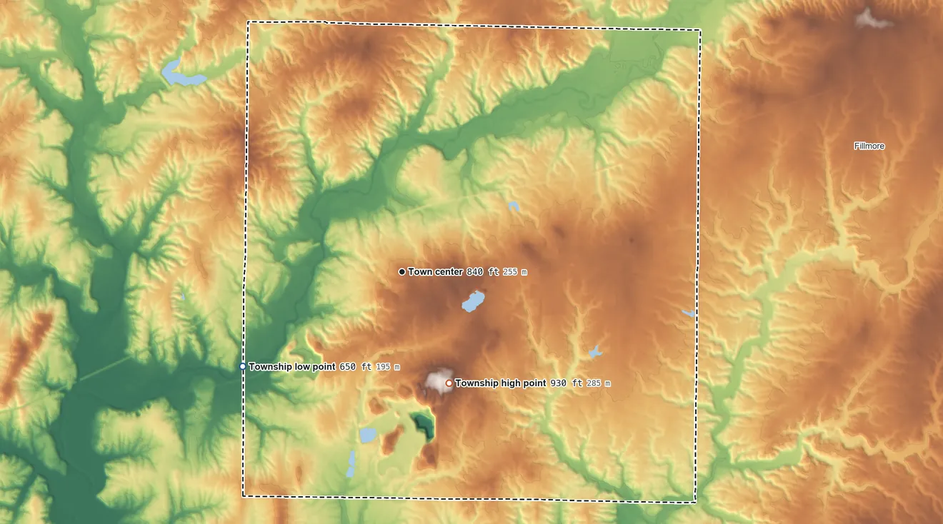Topographic elevation map of Greencastle Township, Indiana, shaded from 650 ft on the southwest side to 930 ft on the southeast side