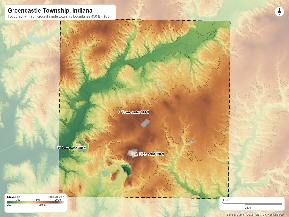 Topographic elevation map of Greencastle Township, Indiana, shaded from 650 ft on the southwest side to 930 ft on the southeast side