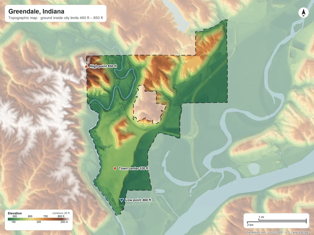 Topographic elevation map of Greendale, Indiana, shaded from 460 ft on the south side to 850 ft on the north side