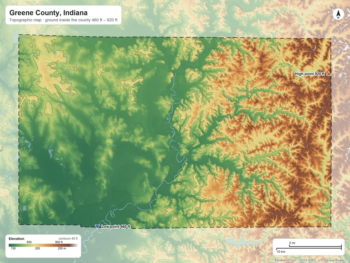 Topographic elevation map of Greene County, Indiana, shaded from 460 ft on the southwest side to 920 ft on the east side