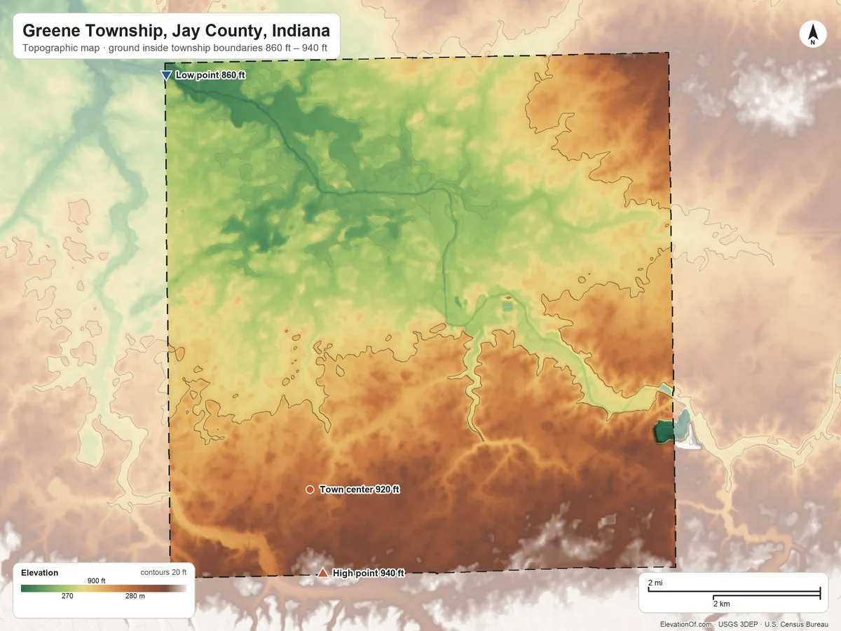 Topographic elevation map of Greene Township, Jay County, Indiana, shaded from 860 ft on the north side to 940 ft on the south side