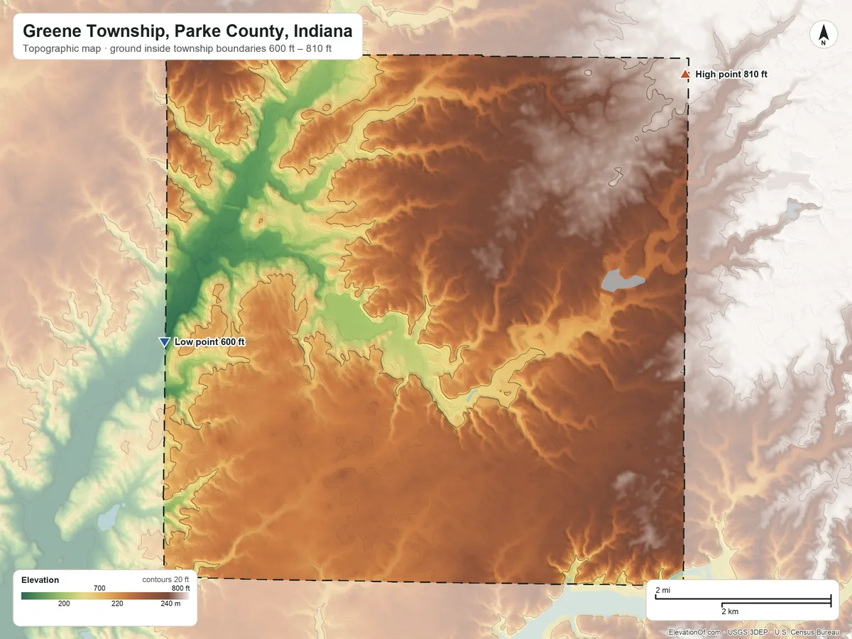 Topographic elevation map of Greene Township, Parke County, Indiana, shaded from 600 ft on the west side to 810 ft on the northeast side