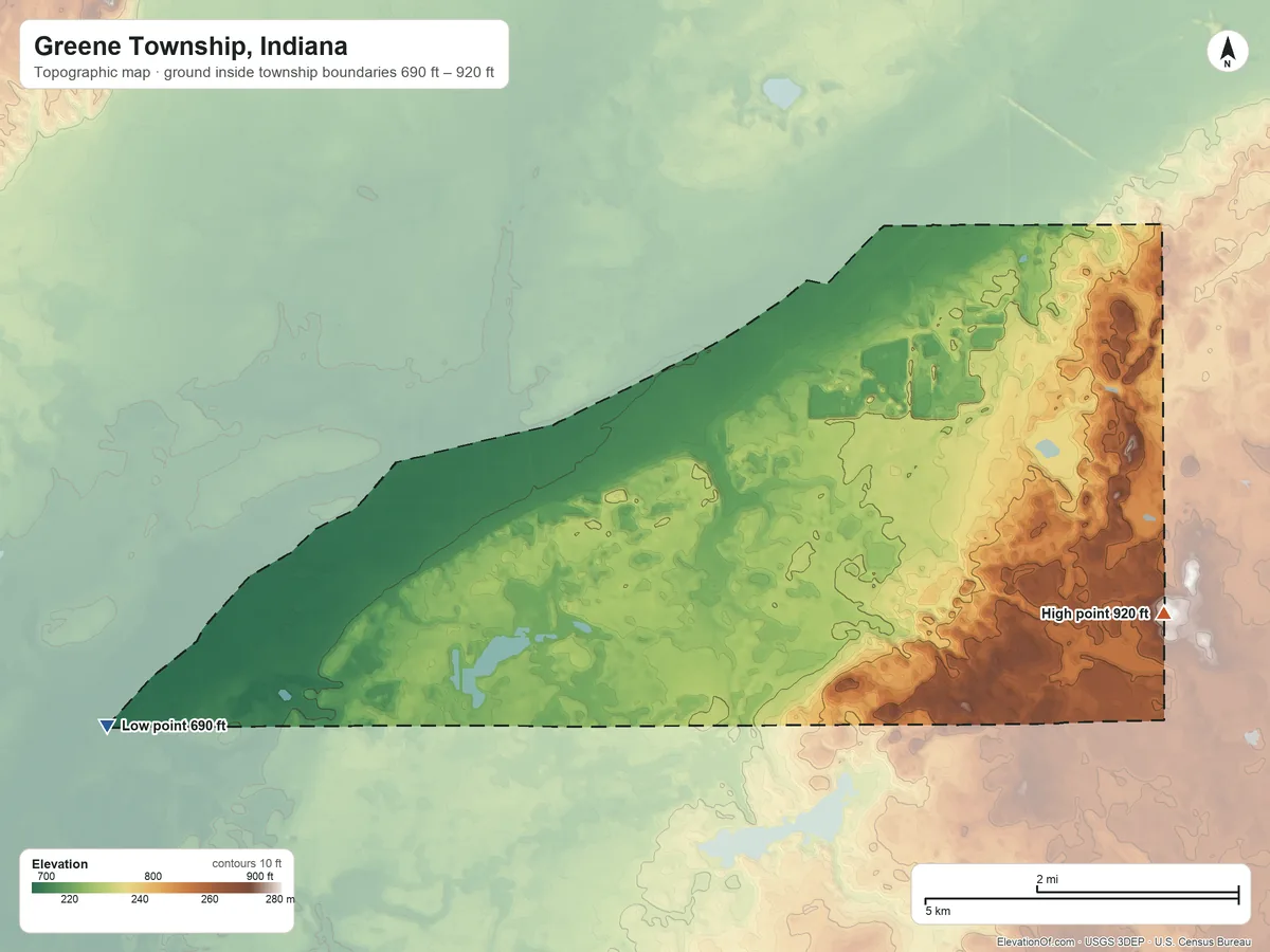 Topographic elevation map of Greene Township, Indiana, shaded from 690 ft on the west side to 920 ft on the southeast side