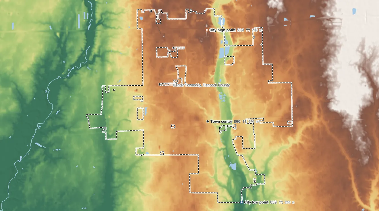 Topographic elevation map of Greenfield, Indiana, shaded from 850 ft on the southeast side to 930 ft on the north side