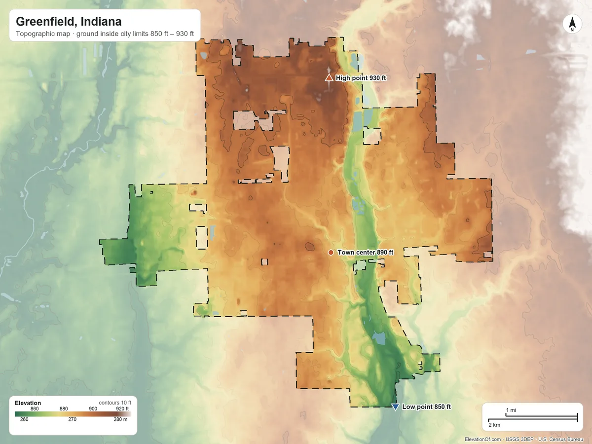 Topographic elevation map of Greenfield, Indiana, shaded from 850 ft on the southeast side to 930 ft on the north side